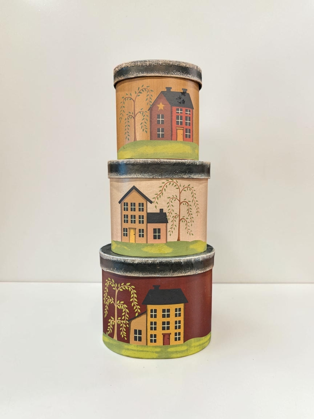 Primitive Folk Art Shaker House Paper Mache Boxes Set Of 3